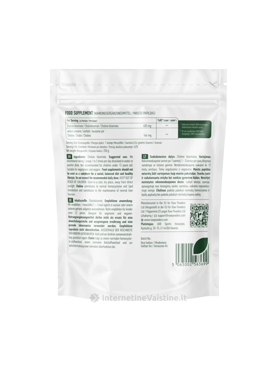 RAW POWDERS, Cholino bitartratas, milteliai, 250 g miltelių | internetinevaistine.lt