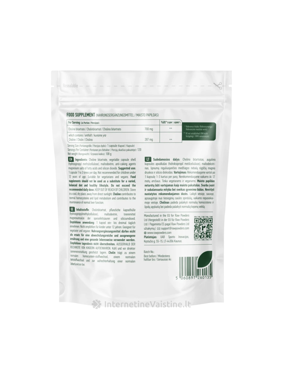 RAW POWDERS, Cholino Bitartratas 700 mg, 120 kapsulių | internetinevaistine.lt