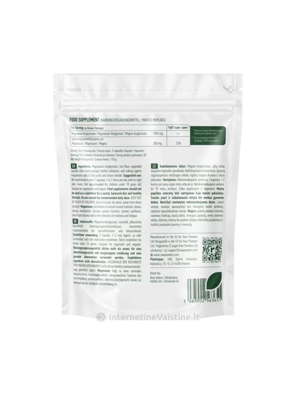 RAW POWDERS maisto papildas MAGNIO BISGLICINATAS 500 mg, 120 kaps. | internetinevaistine.lt
