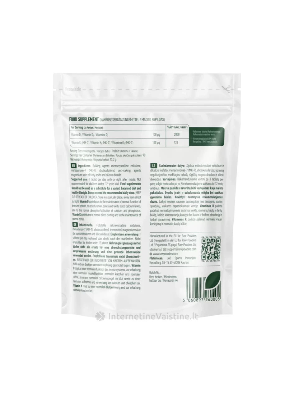 RAW POWDERS,Vitaminas D3 4000 IU + K2 100 mcg, 90 tablečių | internetinevaistine.lt