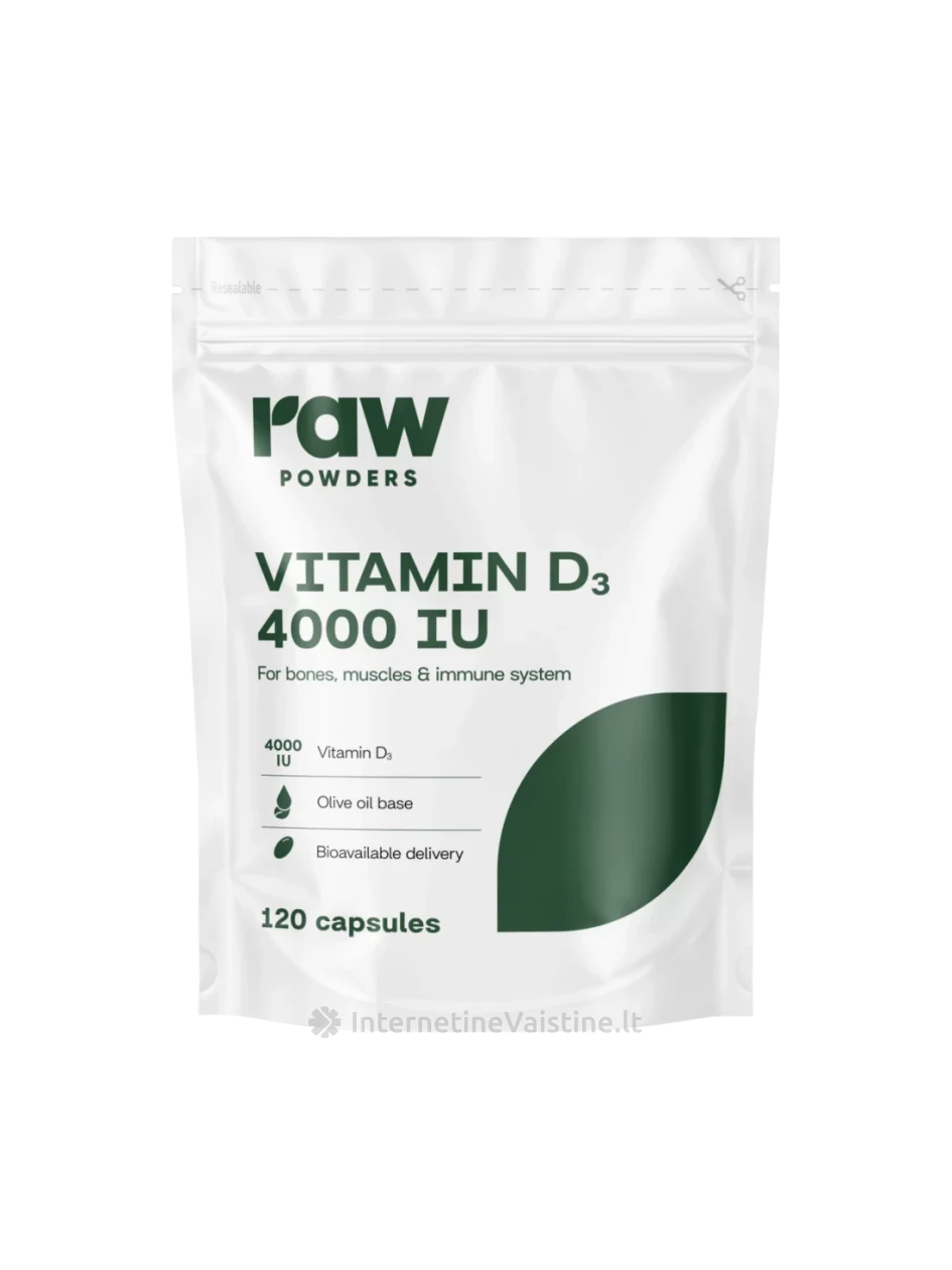 RAW POWDERS Vitaminas D3, 4000IU, 120 kapsulių | internetinevaistine.lt