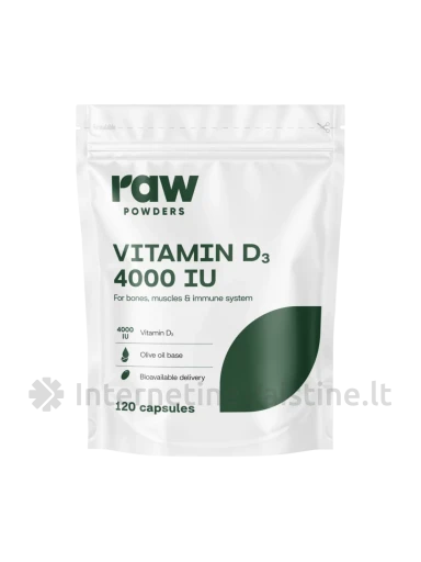RAW POWDERS Vitaminas D3, 4000IU, 120 kapsulių | internetinevaistine.lt