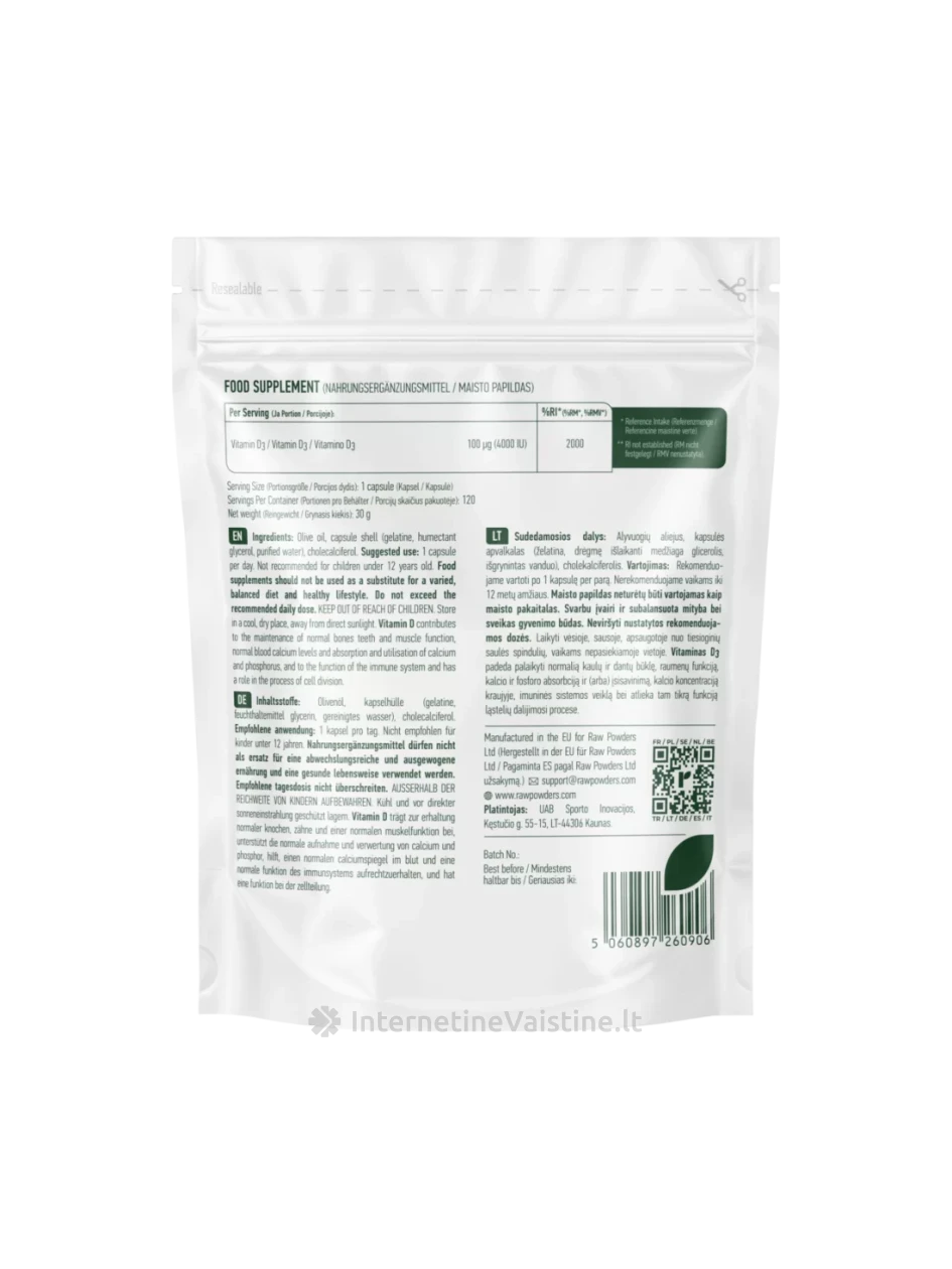 RAW POWDERS Vitaminas D3, 4000IU, 120 kapsulių | internetinevaistine.lt