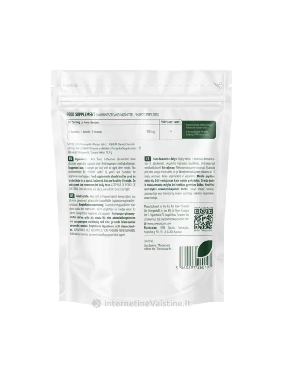RAW POWDERS L-Teaninas (L-Theanine), 200 mg, 120 kapsulių | internetinevaistine.lt