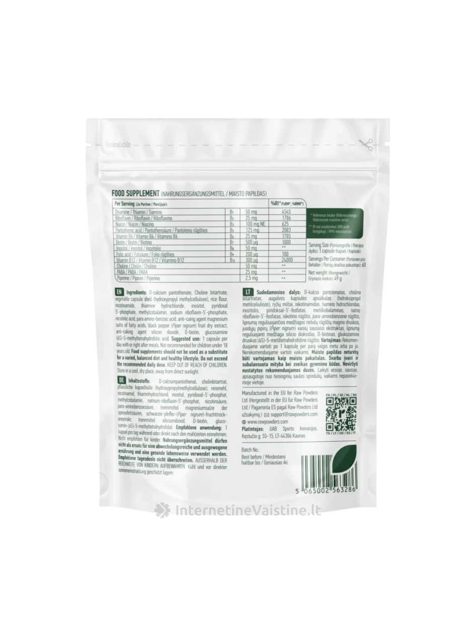 RAW POWDERS Vitaminų B kompleksas, 60 kapsulių | internetinevaistine.lt
