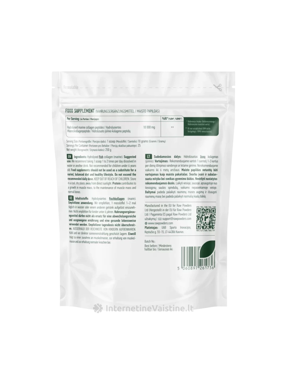 RAW POWDERS Fish hydrolyzed collagen milt., 250 g, Vnt | internetinevaistine.lt