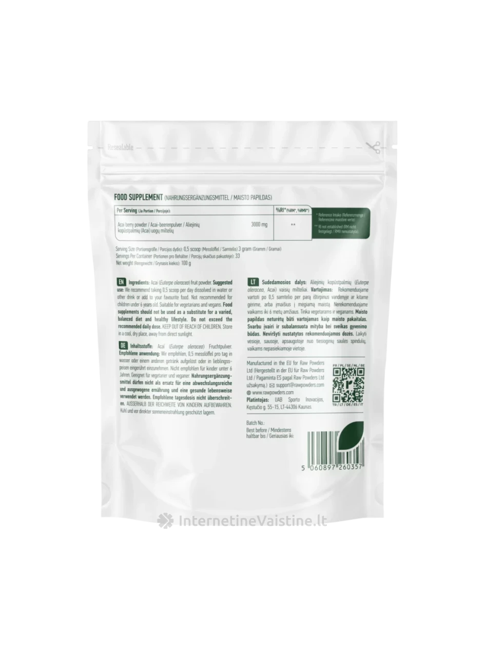 RAW POWDERS Acai uogos, milteliai, 100 g | internetinevaistine.lt