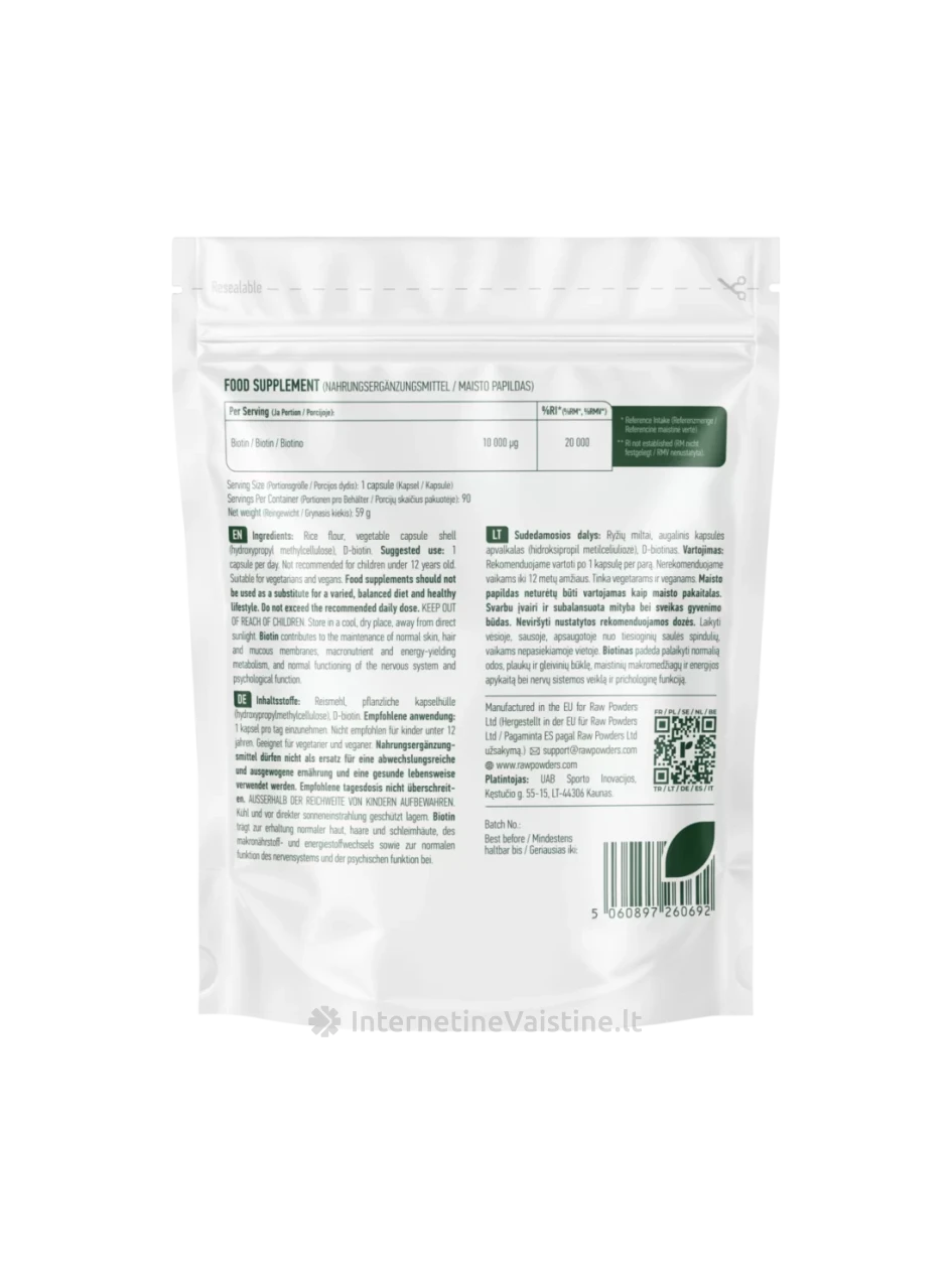 RAW POWDERS Biotinas (Vitaminas B7), 10 mg, 90 kapsulių | internetinevaistine.lt