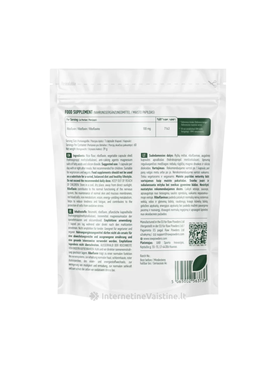 RAW POWDERS Riboflavinas (Vitaminas B2), 100 mg, 60 kapsulių | internetinevaistine.lt