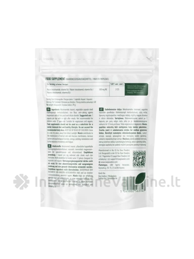 RAW POWDERS Niacinas (Vitaminas B3), 500 mg, 60 kapsulių | internetinevaistine.lt