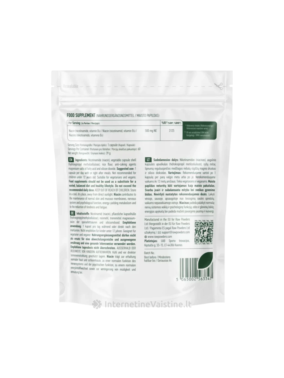 RAW POWDERS Niacinas (Vitaminas B3), 500 mg, 60 kapsulių | internetinevaistine.lt