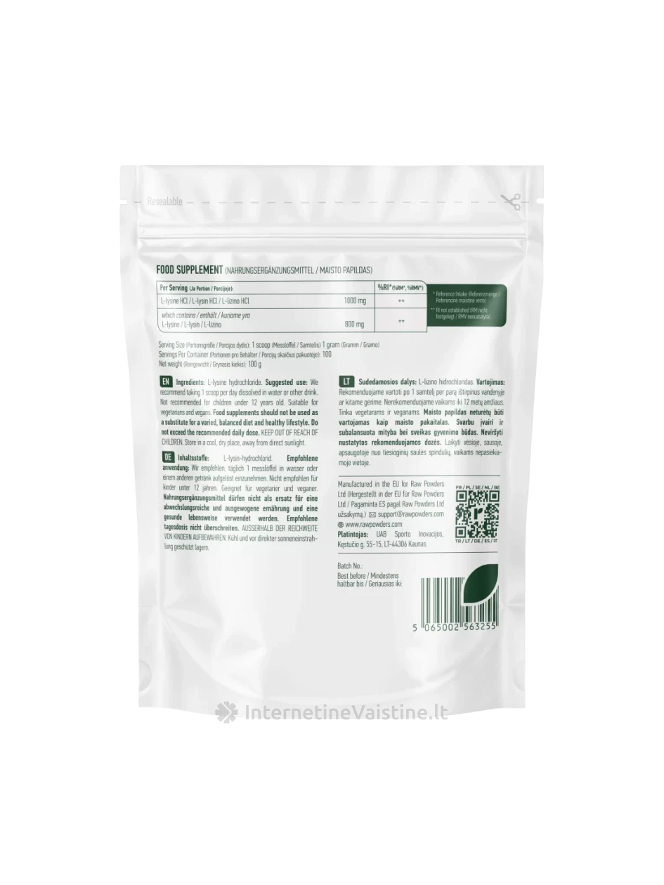 RAW POWDERS L-Lizinas (L-Lysine), milteliai, 100 g | internetinevaistine.lt
