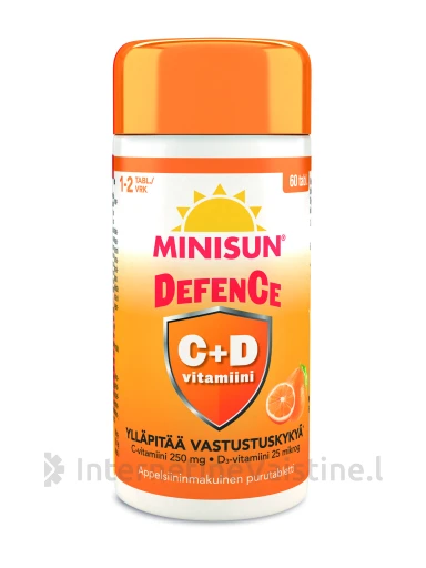 MINISUN Defence maisto papildas su saldikliais, vitaminais C ir D3, apelsinų skonio, N60 | internetinevaistine.lt