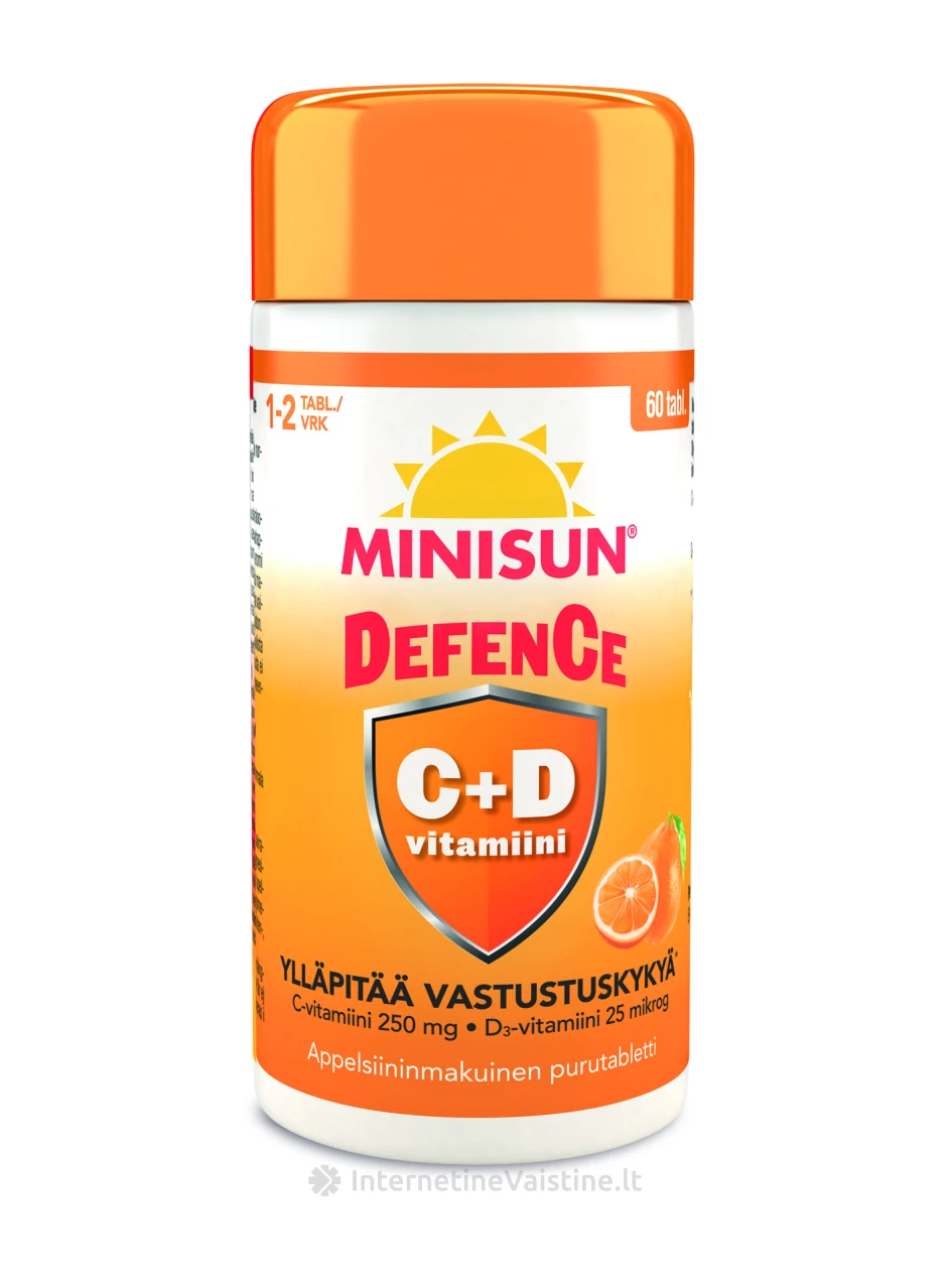 MINISUN Defence maisto papildas su saldikliais, vitaminais C ir D3, apelsinų skonio, N60 | internetinevaistine.lt