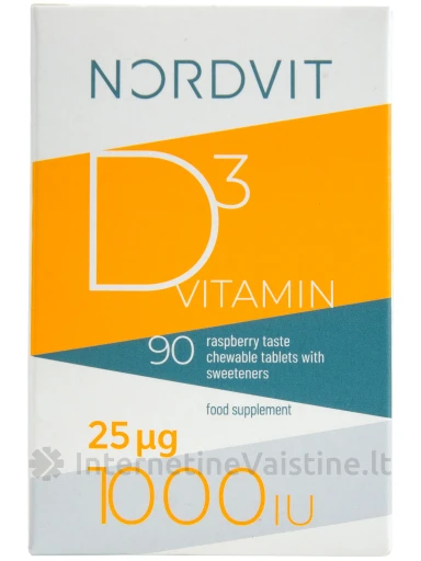 NORDVIT D3 VITAMIN 25µg 1000IU - vitamino D3 aviečių skonio kramtomosios tabletės su saldikliais, N90 | internetinevaistine.lt