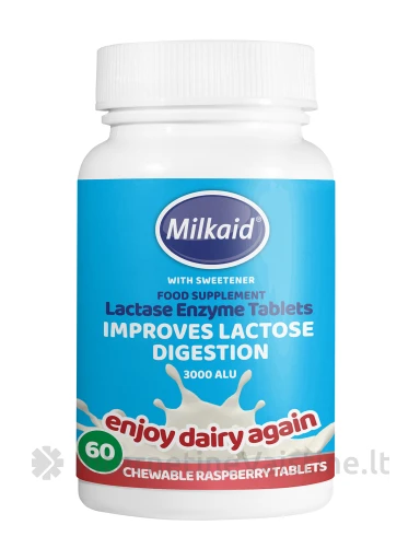 Milkaid® kramtomos laktazės fermento tabletės su saldikliu, N60 | internetinevaistine.lt