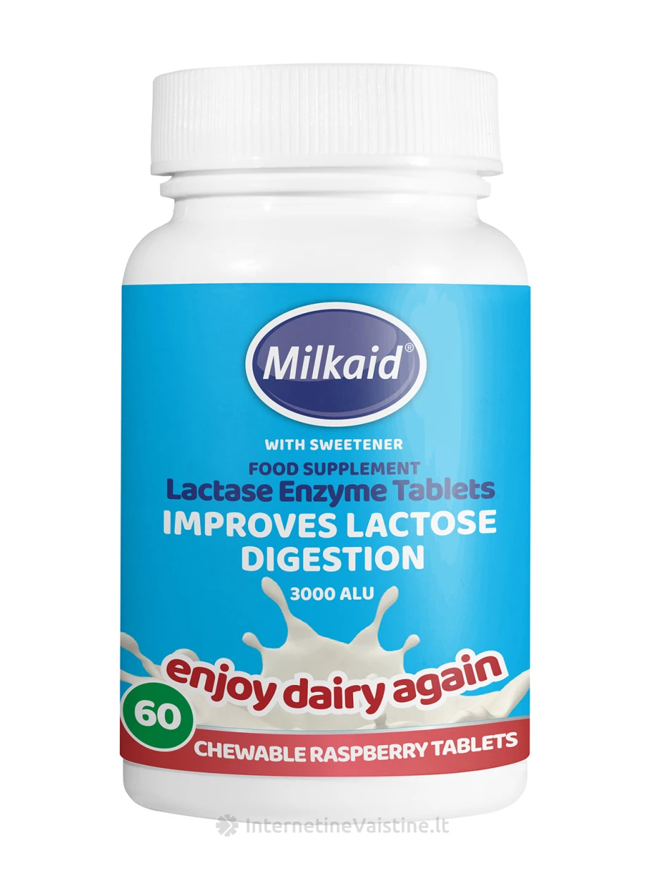 Milkaid® kramtomos laktazės fermento tabletės su saldikliu, N60 | internetinevaistine.lt