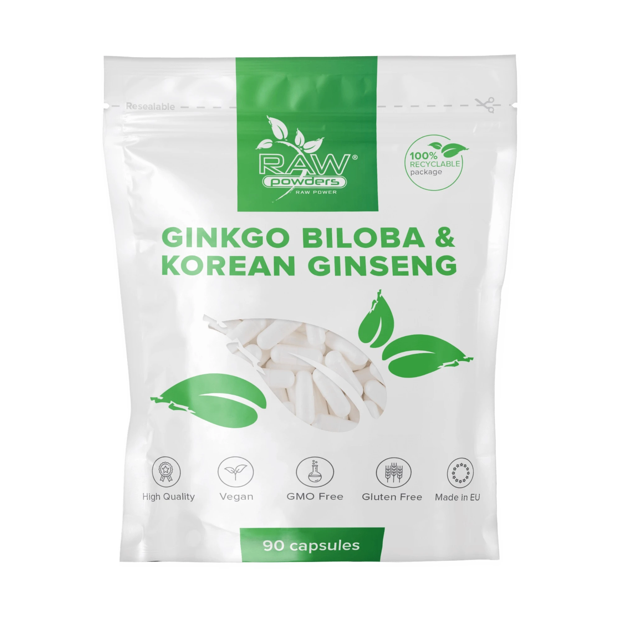 RAW POWDERS Ginkmedžio ekstraktas 3000 mg + Korėjos ženšenis, 1000 mg, 90 kapsulių