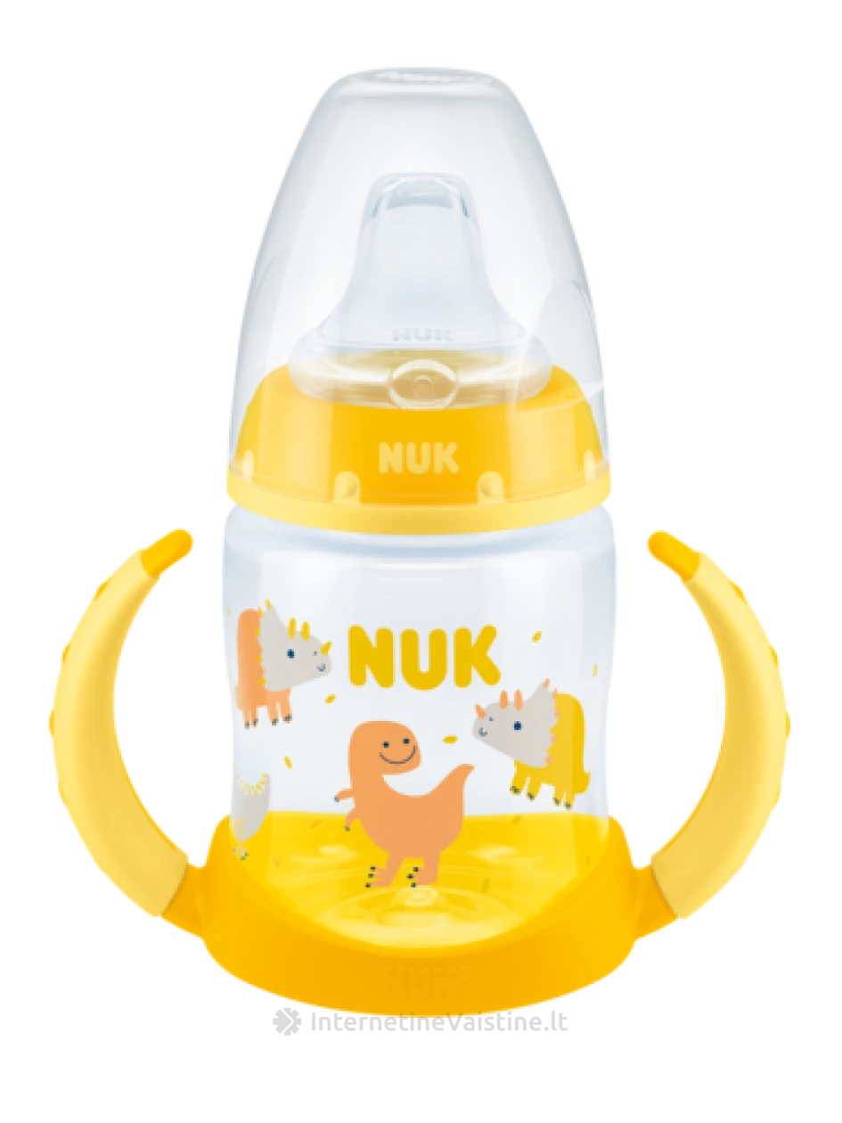 NUK buteliukas FIRST CHOISE mokom. 150ml, su silik. gėrimo galvute ir temp. indik. (6-18mėn.), su silik. gėrimo galvute ir temp. indik. (6-18mėn.) | internetinevaistine.lt