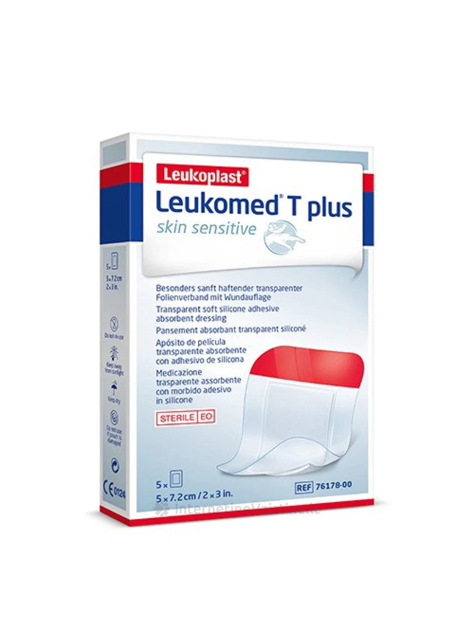 LEUKOPLAST LEUKOMED T PLUS Skin Sensitive skaidrus sterilus lipnus tvarstis 5cmx7.2cm, 5 vnt. | internetinevaistine.lt