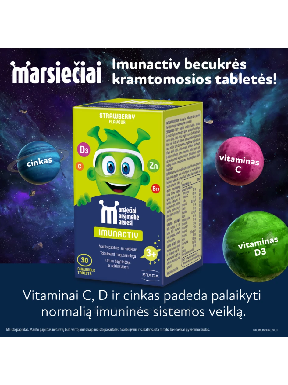 MARSIEČIAI IMUNACTIV, braškių skonio kramtomosios tabletės N30 | internetinevaistine.lt