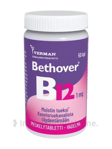 BETHOVER B12 - maisto papildas su vitaminu B12, aviečių skonio, su saldikliais, N50 | internetinevaistine.lt