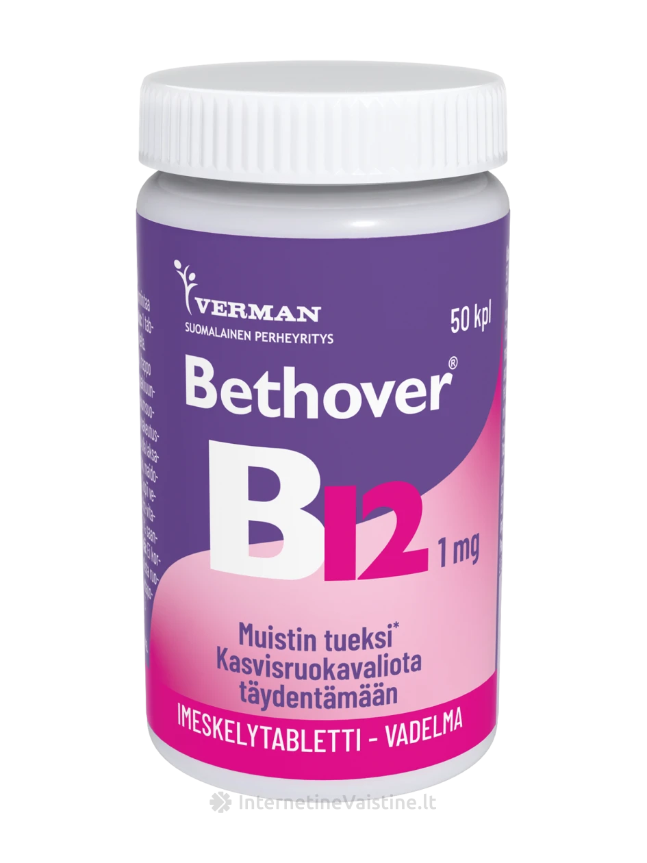 BETHOVER B12 - maisto papildas su vitaminu B12, aviečių skonio, su saldikliais, N50 | internetinevaistine.lt