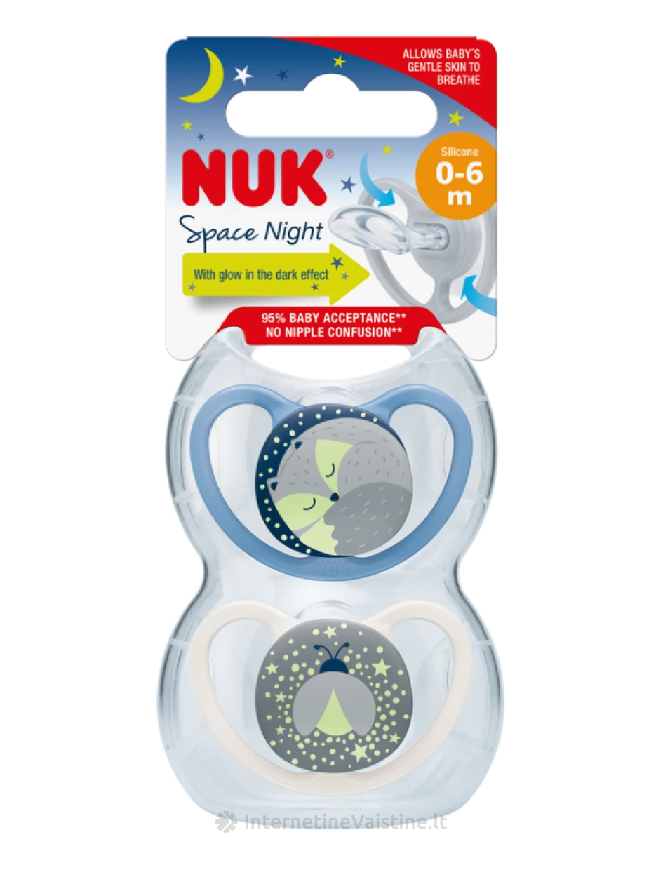 NUK SPACE Night silik. čiulptukas (0-6mėn.), 2 vnt., 2 vnt. | internetinevaistine.lt