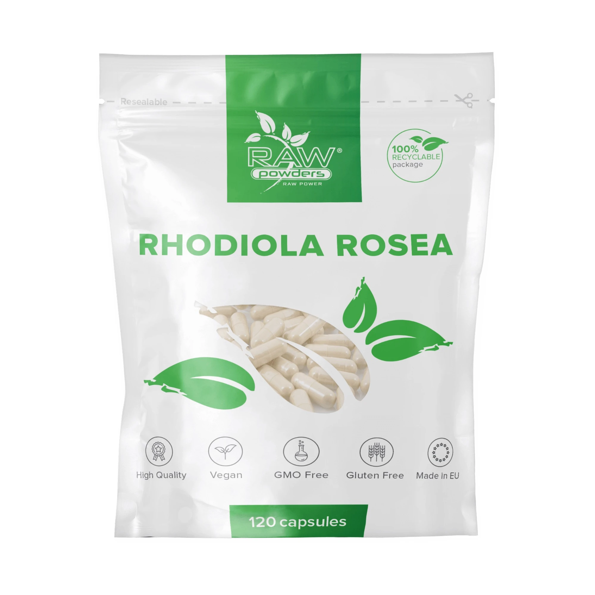 RAW POWDERS Rausvoji rodiolė (Rhodiola Rosea) ekstraktas, 500 mg, 120 kapsulių