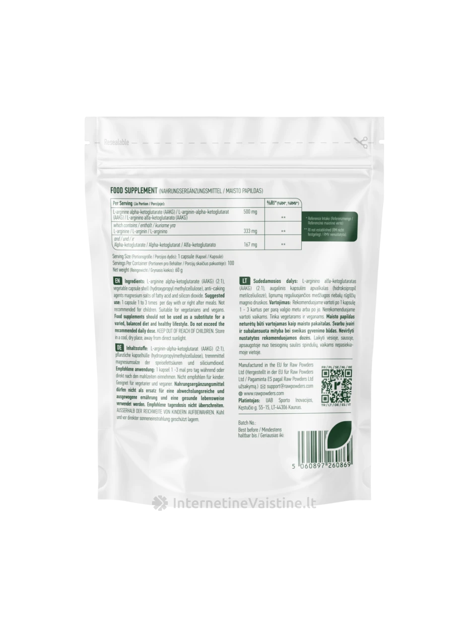 RAW POWDERS L-Argininas 500mg kaps., N100 | internetinevaistine.lt