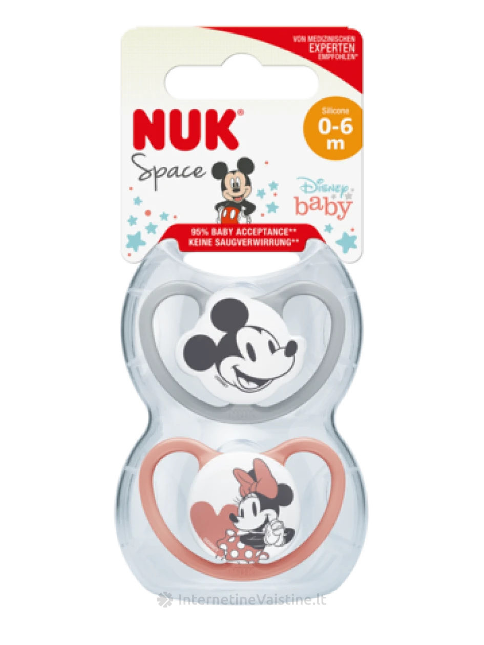 NUK čiulptukas SPACE Disney Mickey silik. 1d. (0-6mėn.) N2 (pilk., balt.), balt.) | internetinevaistine.lt