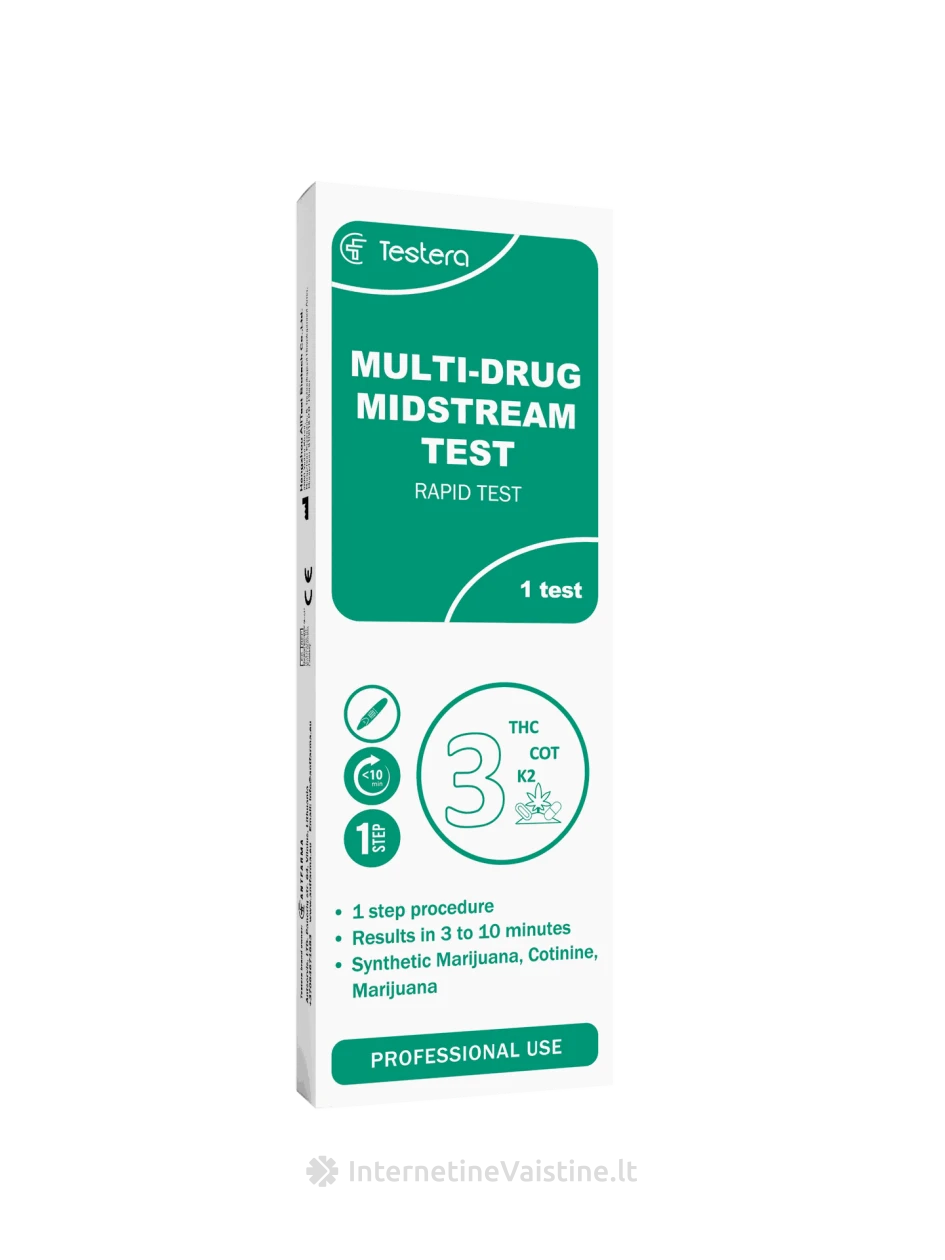 TESTERA Kelių narkotinių medžiagų šoninio srauto testas skirtas 3 narkotinių medžiagų seilėse nustatymui N1 | internetinevaistine.lt