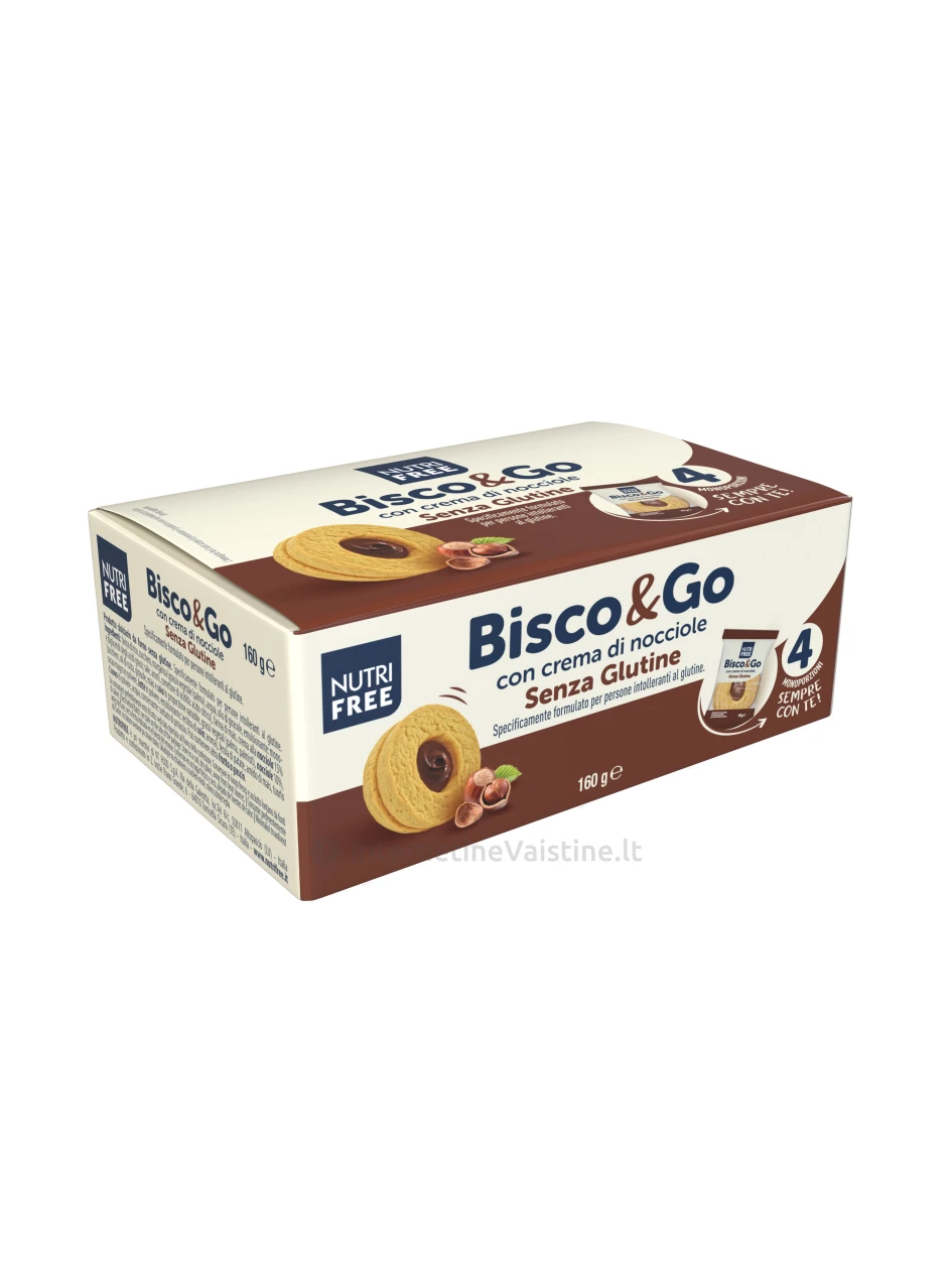 NUTRIFREE BISCO&GO CON CREMA DI NOCCIOLE - sausainiai su lazdynų riešutų skonio įdaru, be glitimo, 160g (4x40g) | internetinevaistine.lt