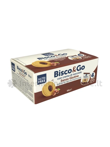 NUTRIFREE BISCO&GO CON CREMA DI NOCCIOLE - sausainiai su lazdynų riešutų skonio įdaru, be glitimo, 160g (4x40g) | internetinevaistine.lt
