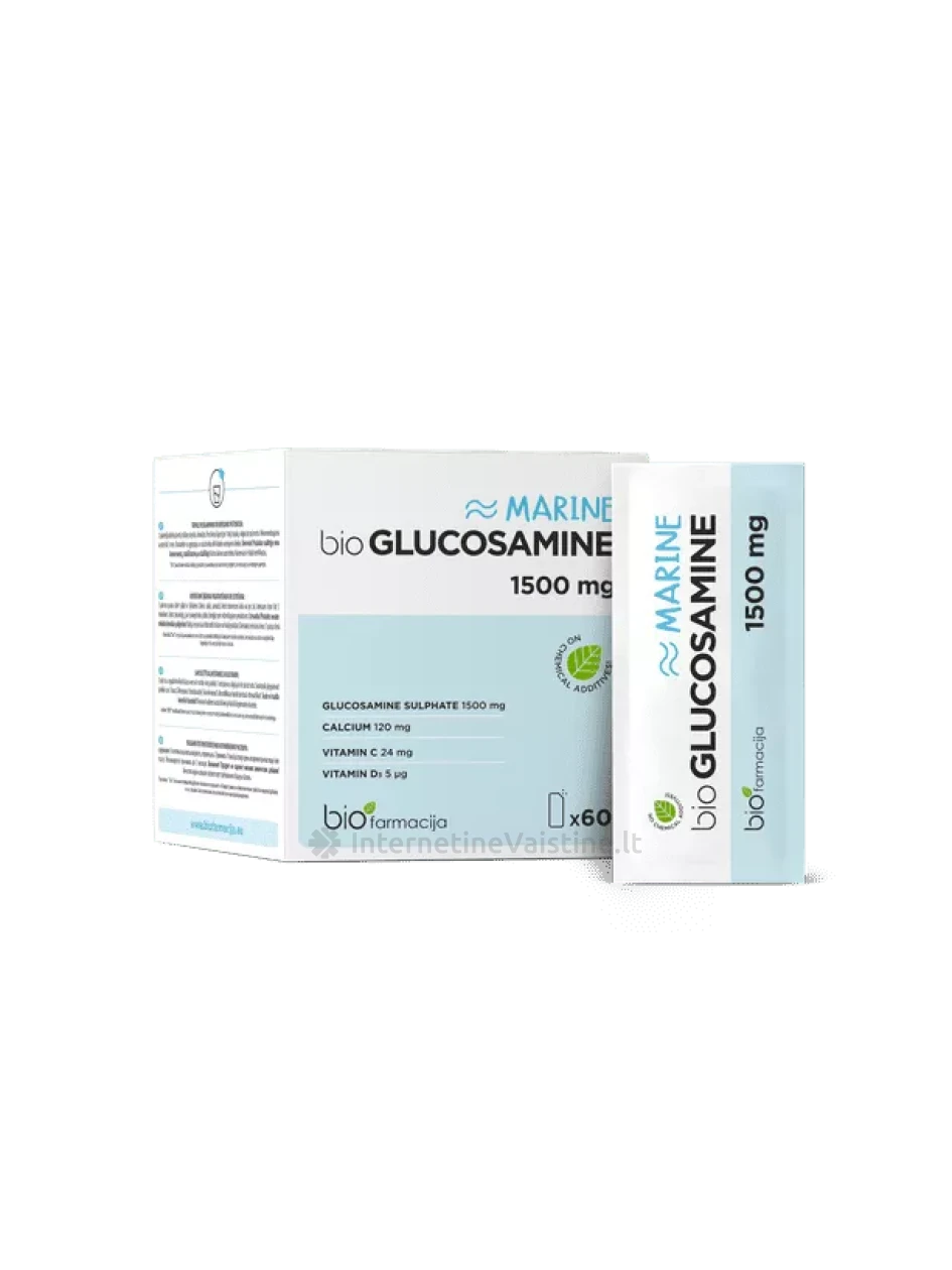 BIOFARMACIJA maisto papildas milteliais GLUCOSAMINE MARINE 1500 mg, 60 pak. | internetinevaistine.lt