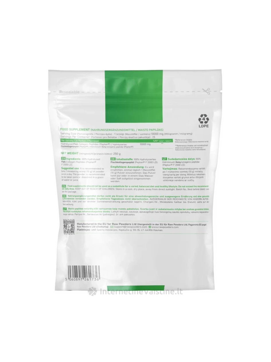 RAW POWDERS Fish hydrolyzed collagen milt., 250 g, Vnt | internetinevaistine.lt