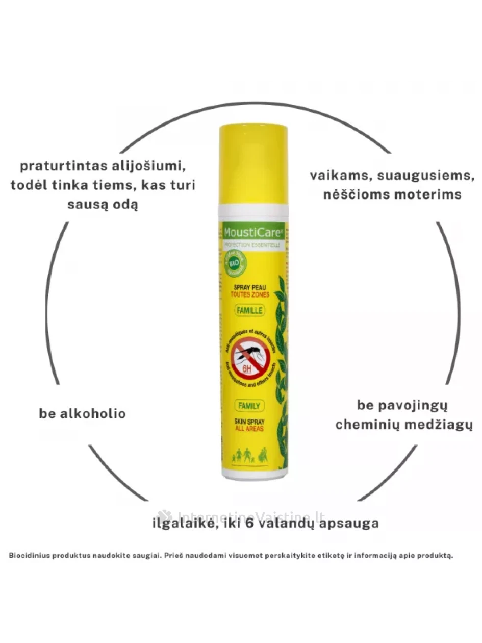 MOUSTICARE odos purškalas nuo uodų, kitų geliančių vabzdžių ir erkių Family, 125 ml, Vnt | internetinevaistine.lt