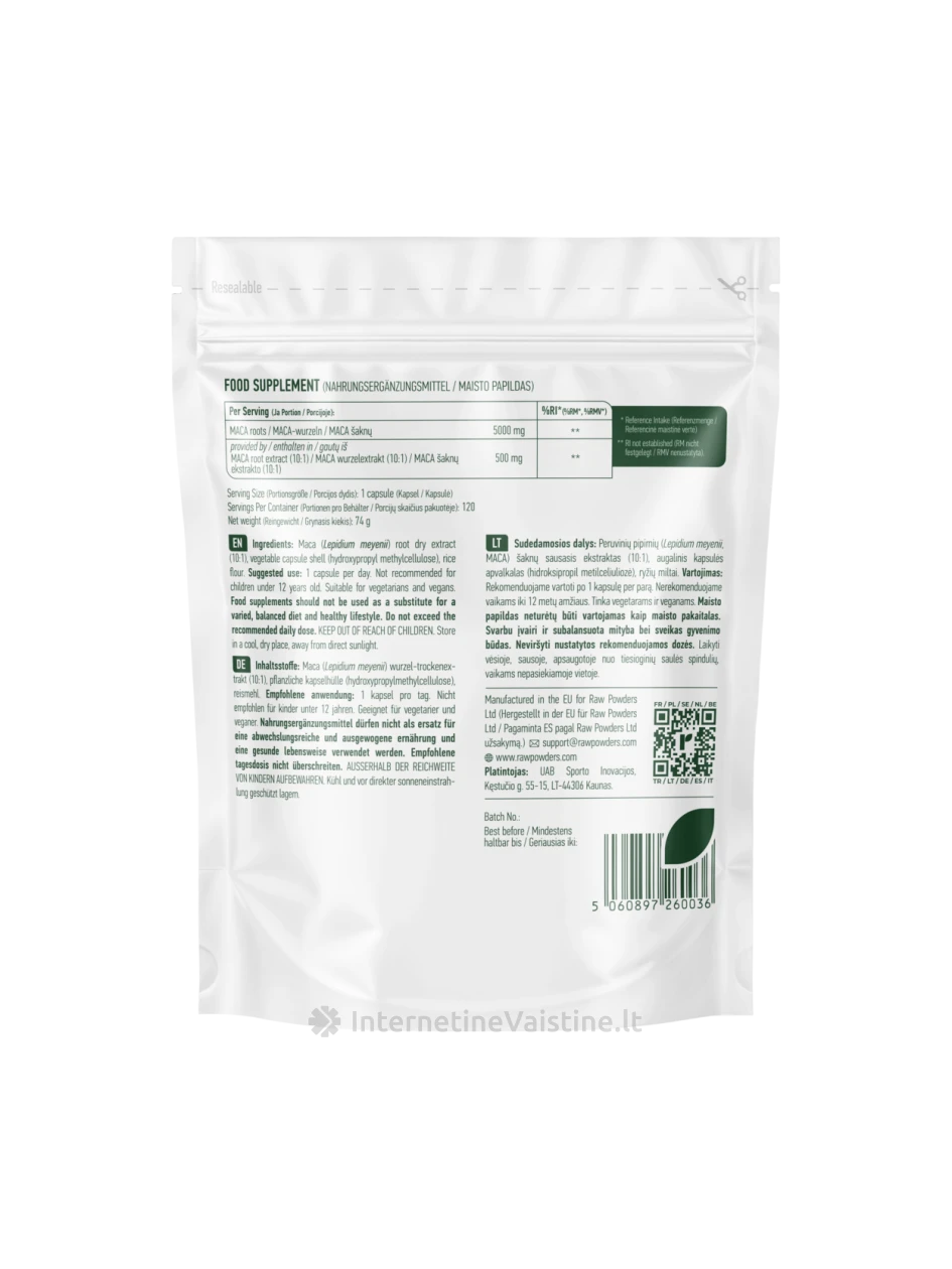 RAW POWDERS, Maca šaknies 10:1 ekstraktas 500 mg kaps., N120 | internetinevaistine.lt