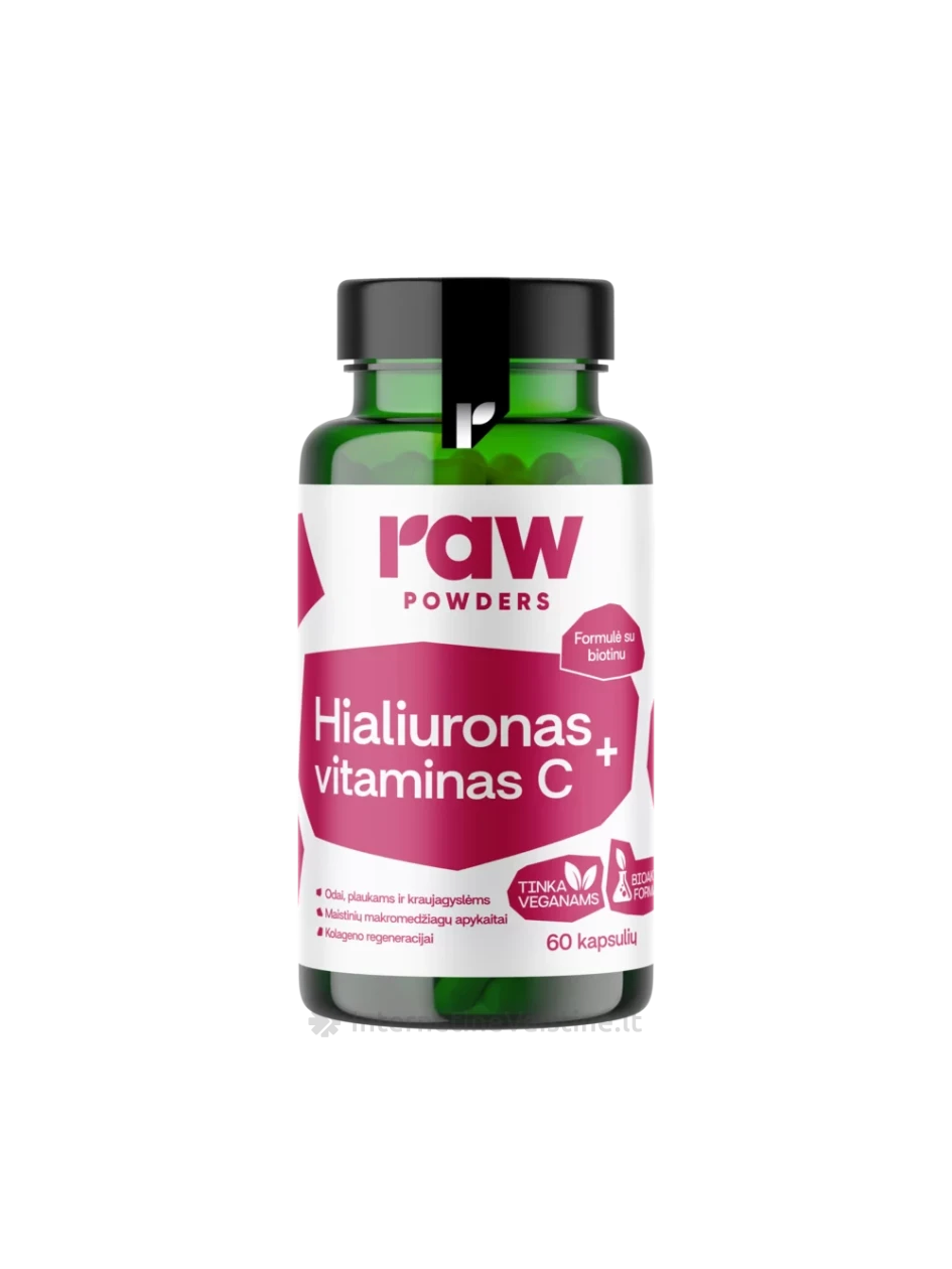 RAW POWDERS Hialuronas + vitaminas C, 60 kapsulių | internetinevaistine.lt