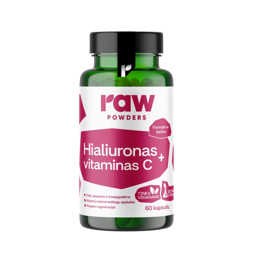 RAW POWDERS Hialuronas + vitaminas C, 60 kapsulių