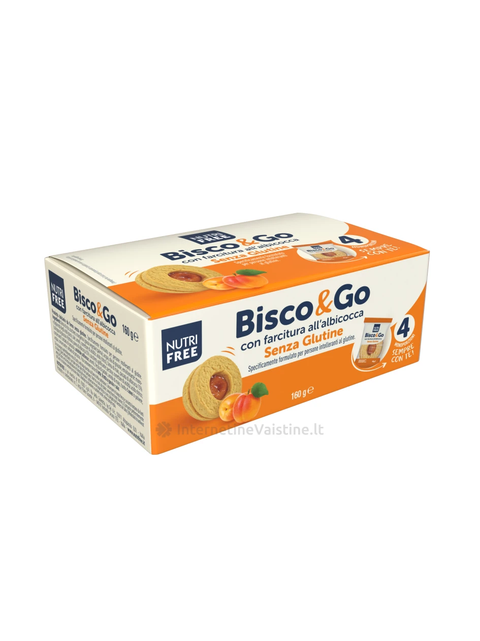 NUTRIFREE BISCO&GO CON FARCITURA ALL'ALBICOCCA - sausainiai su abrikosų skonio įdaru, be glitimo, 160g (4x40g) | internetinevaistine.lt
