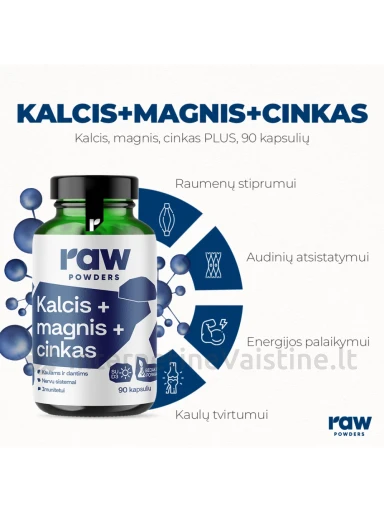 RAW POWDERS Calcium, Magnesium, Zinc PLUS kaps. N90 | internetinevaistine.lt