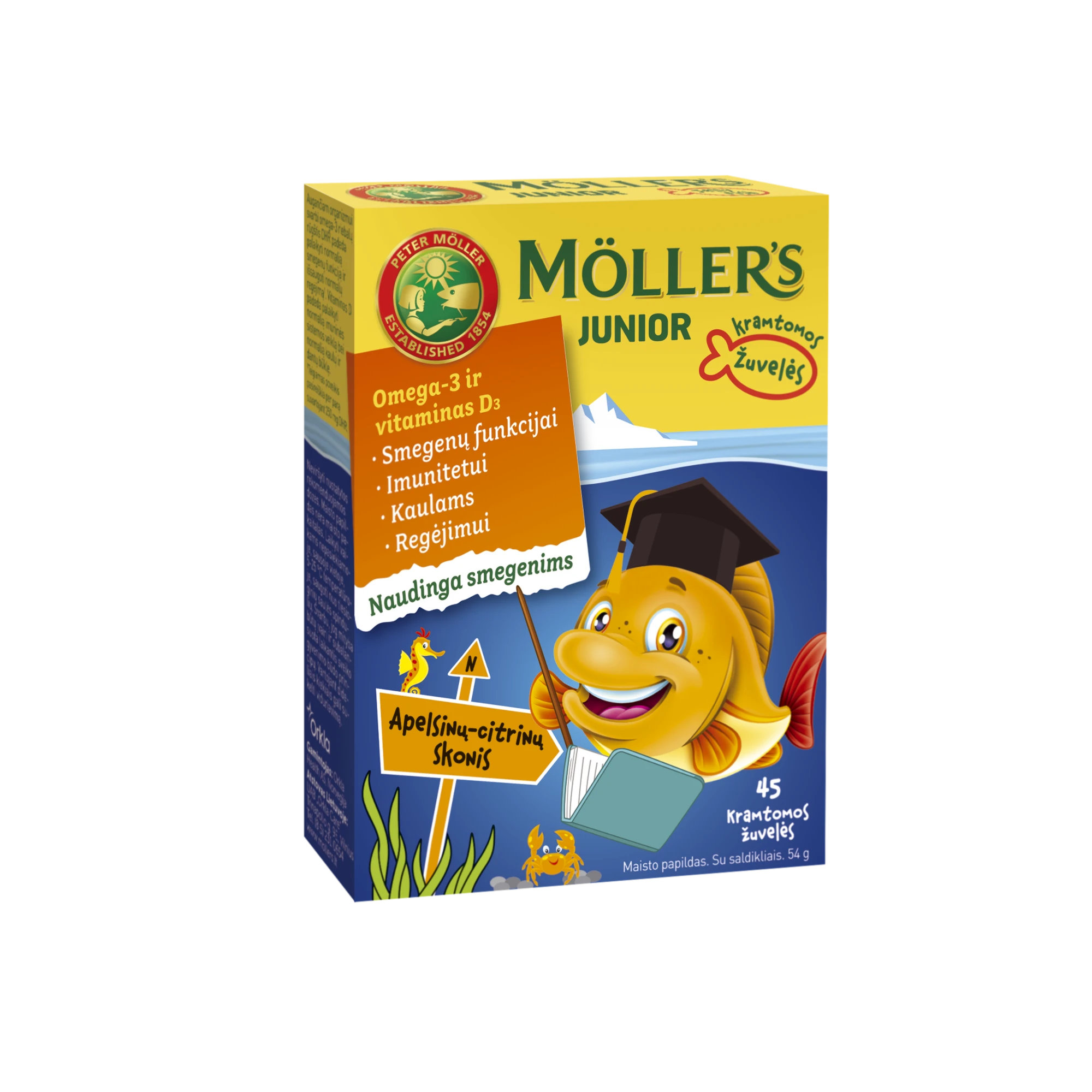 MOLLERS kramtomos žuvelės JUNIOR OMEGA-3, citrinų-apelsinų skonio N45