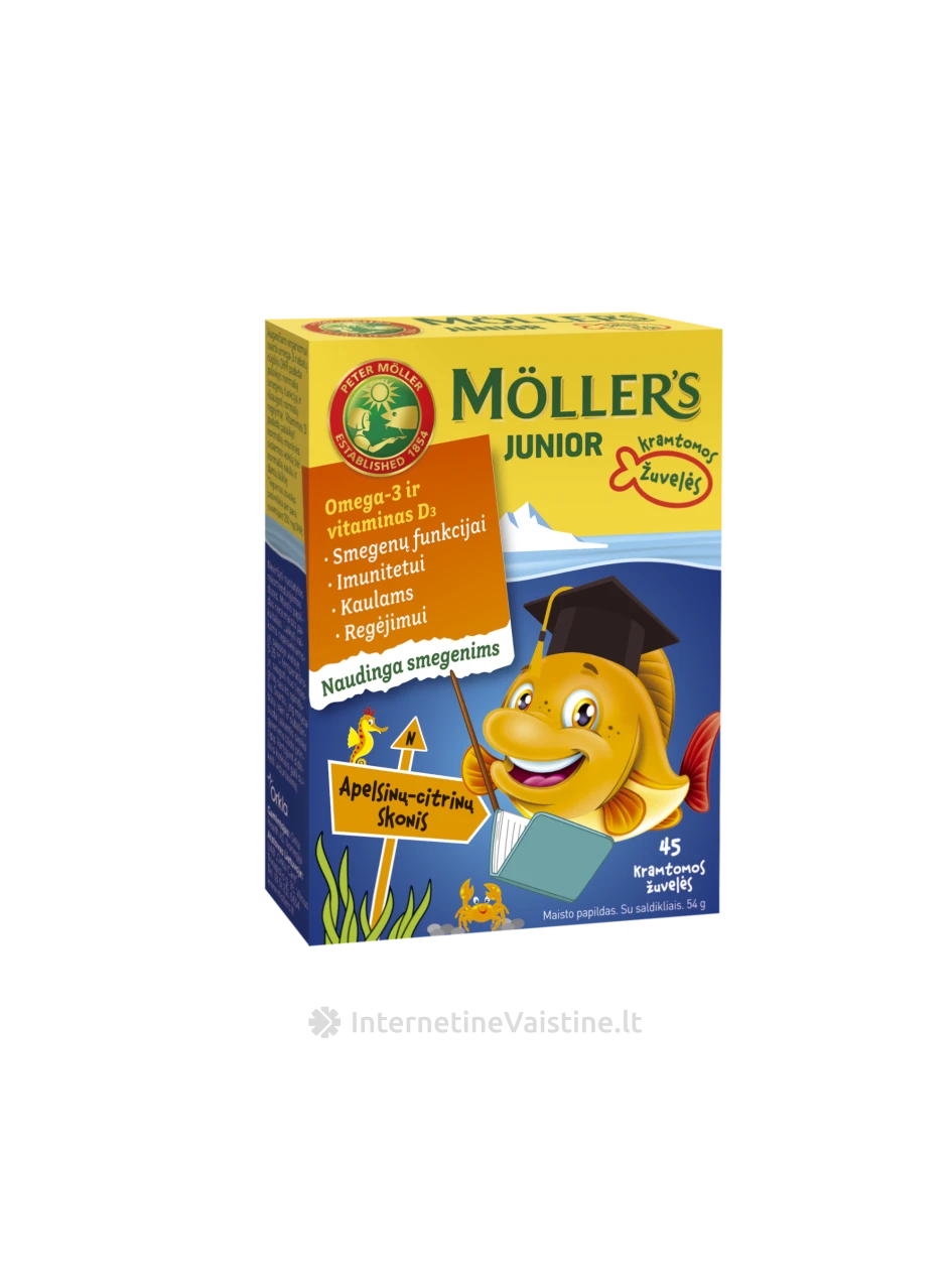 Möller’s Junior Omega-3 citrinų - apelsinų skonio, 45 kramtomos žuvelės | internetinevaistine.lt