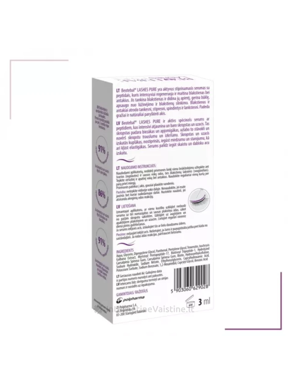 BEOTEBAL blakstienų ir antakių serumas su peptidais LASHES PURE, 3 ml | internetinevaistine.lt