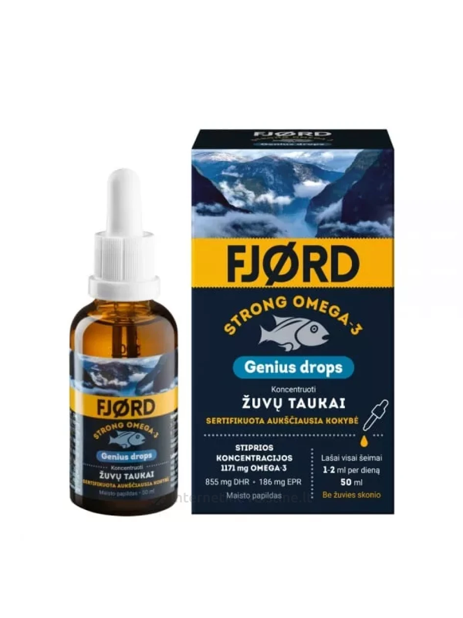 FJORD STRONG OMEGA-3 skysti žuvų taukai GENIUS DROPS, su pipete, 50 ml, Vnt | internetinevaistine.lt
