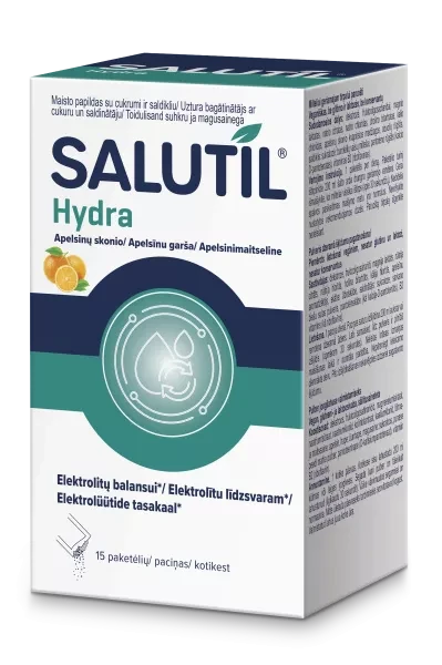 SALUTIL maisto papildas milteliais HYDRA (elektrolitai), 15 paketėlių