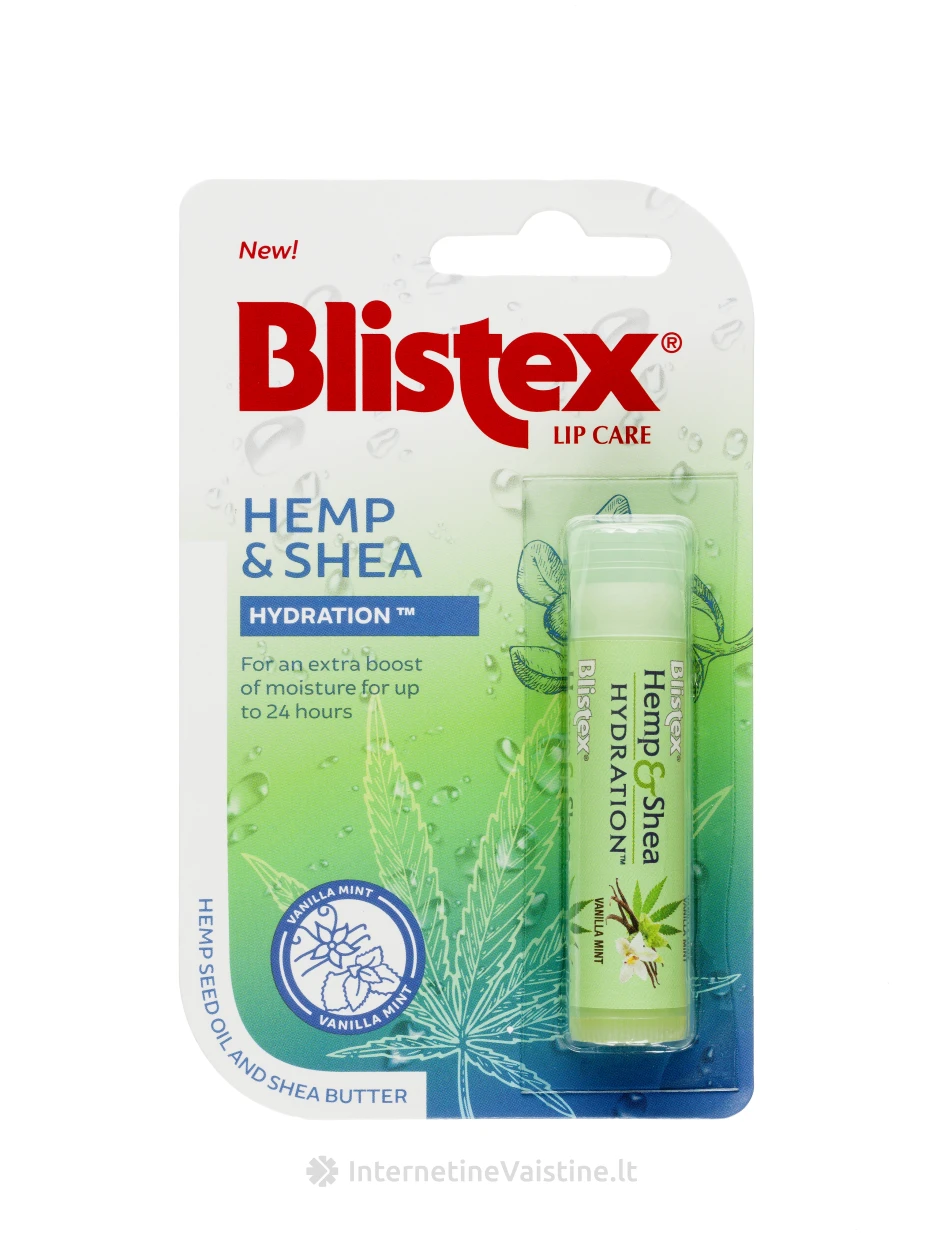 BLISTEX HEMP&SHEA drėkinantis lūpų balzamas su kanapėmis ir taukmedžio sviestu, 4.25g | internetinevaistine.lt