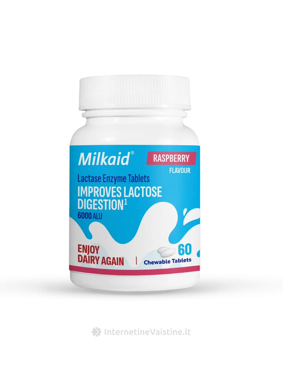 Milkaid® kramtomos laktazės fermento tabletės su saldikliu, N60 | internetinevaistine.lt
