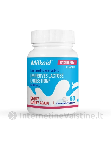 Milkaid® kramtomos laktazės fermento tabletės su saldikliu, N60 | internetinevaistine.lt